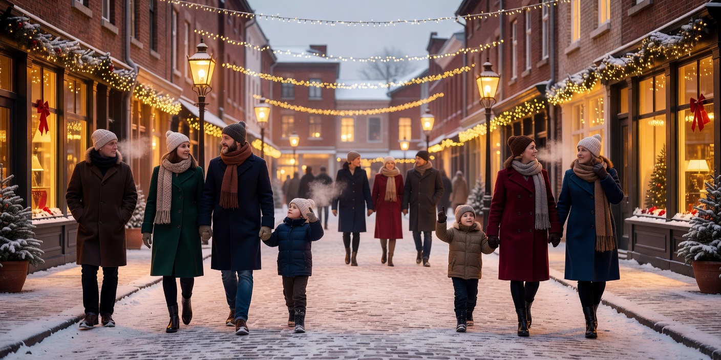 Visitors taking an unhurried walk along a warmly lit winter city street