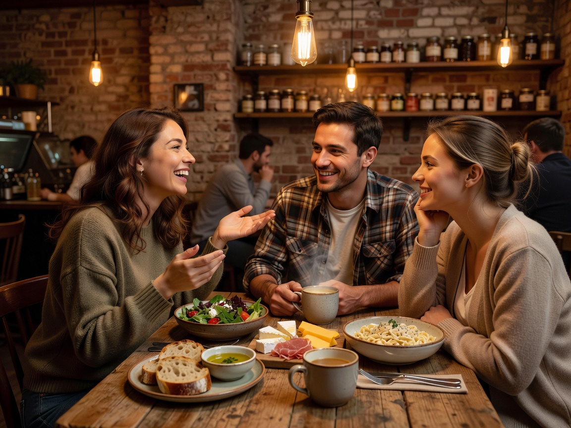 A group of friends sharing a warm indoor meal during a winter trip