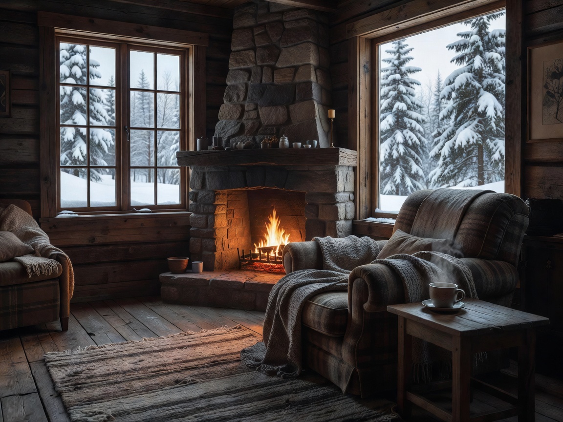 Natural light falling into a quiet winter accommodation lounge