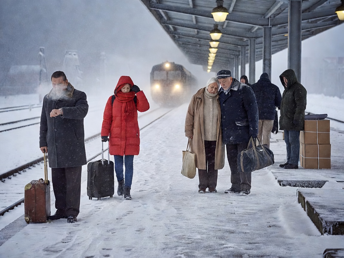 Travellers with luggage waiting together on a winter train platform